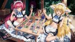  >_< 2girls absurdres alternate_costume animal_ear_fluff animal_ears apron arknights black_shirt black_skirt blonde_hair blue_bow blush bow box braid braided_hair_rings cardboard_box chinese_commentary closed_eyes commentary_request crop_top day deck_of_cards dot_nose dropping enmaided fox_ears fox_girl fox_tail frilled_apron frills hair_intakes hair_rings highres indian_style kitsune kyuubi magic:_the_gathering maid maid_apron maid_headdress medium_hair midriff multiple_girls multiple_tails navel one_eye_closed open_mouth outdoors pantyhose pink_eyes pink_hair porch scissors scoreboard shamare_(arknights) shirt sitting skirt stomach stuffed_toy stuffed_wolf suzuran_(arknights) tail trading_card v-shaped_eyebrows waist_apron wavy_mouth white_apron white_pantyhose wooden_floor zhengqi_zhizi_sg 