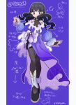  1girl alternate_costume black_hair black_pantyhose black_shoes black_undershirt blue_eyes border bow commentary_request cosplay dawn_(pokemon) dress full_body gem hair_ornament hairclip highres leg_warmers litwick litwick_(cosplay) long_hair looking_at_viewer pantyhose pokemon pokemon_diamond/pearl/platinum purple_background purple_dress purple_nails sandora_(karugamo_no_e) shoes simple_background solo standing star_(symbol) white_border white_bow white_leg_warmers yellow_gem 