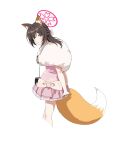  1girl absurdres animal_ear_fluff animal_ears bag blue_archive blush bow brown_eyes brown_hair capelet closed_mouth colored_inner_animal_ears commentary cropped_legs dress dress_bow fang fox_ears fox_girl fox_tail from_side fur_capelet fur_shawl halo highres izuna_(blue_archive) izuna_(dress)_(blue_archive) long_hair looking_at_viewer official_alternate_costume orange_tail pink_dress pink_halo shawl shijimi_(maido_ww) short_dress shoulder_bag simple_background skin_fang smile solo tail white_background white_bow 