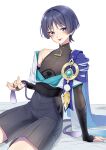  1boy absurdres aqua_gem arm_at_side arm_support armor black_bodysuit black_bridal_gauntlets black_sash black_shorts blue_kimono blue_sleeves blunt_ends blush bodysuit bridal_gauntlets cape clothing_cutout commentary_request covered_collarbone curled_fingers eyeliner feathers fingernails furisode gem genshin_impact gold gold_ring grey_hair grey_pupils hakama hakama_shorts hand_up high-waist_shorts highres hip_vent japanese_armor japanese_clothes juban kimono kote kurokote layered_sleeves looking_at_viewer makeup male_focus mandarin_collar middle_ring multicolored_hair open_clothes open_kimono pleated_shorts pom_pom_(clothes) purinigax purple_cape purple_eyes purple_hair red_eyeliner sash scaramouche_(genshin_impact) short_sleeves shorts shoulder_peek side_cape single_bare_shoulder single_off_shoulder solo streaked_hair tassel tongue tongue_out tsurime variant_set vision_(genshin_impact) wanderer_(genshin_impact) white_background white_kimono white_sleeves wispy_bangs yellow_feathers 