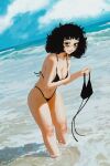  1girl absurdres afro bags_under_eyes bikini black_bikini black_eyes breasts casato cloud cloudy_sky commentary curly_hair ellie_(casato) english_commentary highres holding holding_swimsuit holding_unworn_clothes medium_breasts navel ocean original sky solo swimsuit unworn_swimsuit wading waves 