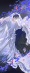  2boys absurdres aged_down all_wishes_come_true! arm_wrap black_background black_hair black_hanfu bleeding blood blood_on_arm blue_cape blue_flower brown_eyes bug butterfly cape chinese_clothes chinese_commentary chinese_text closed_mouth commentary_request flower full_body fuyankanrenji442 hair_bun half-closed_eyes hand_on_own_arm hand_up hanfu high_ponytail highres injury long_sleeves looking_at_another lord_of_dark_blade_(all_wishes_come_true!) lv_dongbin_(all_wishes_come_true!) male_focus multiple_boys pants parted_lips ponytail profile red_butterfly red_ribbon ribbon robe sash shared_veil sidelocks single_hair_bun sitting smile standing string string_of_fate time_paradox updo veil veil_lift white_hanfu white_sash wide_sleeves yaoi zhongli_quan_(all_wishes_come_true!) zhongli_quan_(young)_(all_wishes_come_true!) 