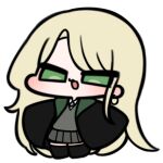  1girl black_robe black_thighhighs blonde_hair chibi chibi_only draco_malfoy draco_malfoy_(redteneri) earrings full_body genderswap genderswap_(mtf) green_eyes green_necktie grey_skirt grey_sweater harry_potter_(series) highres hogwarts_school_uniform hoop_earrings jewelry long_hair necktie open_mouth otu_(o2h2_oh4) rectangular_eyes robe school_uniform shirt simple_background skirt slytherin solo striped_clothes striped_necktie sweater thighhighs two-tone_necktie very_long_hair white_background white_necktie white_shirt wizarding_world zettai_ryouiki 