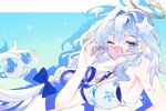  1girl :p ;p absurdres bikini blue_background blue_hair border breasts commentary green_eyes hair_ornament halo head_wings heart heart-shaped_eyewear highres honkai:_star_rail honkai_(series) large_breasts licking_lips long_hair looking_at_viewer official_alternate_costume one_eye_closed oxo_tya robin_(honkai:_star_rail) robin_(summeretto)_(honkai:_star_rail) solo starfish_hair_ornament sunglasses swimsuit tongue tongue_out untranslatable_commentary upper_body very_long_hair white_bikini white_border white_wings wings 