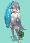  1girl absurdres animal_ears asian_small-clawed_otter_(kemono_friends) bare_shoulders black_eyes breasts commentary elbow_gloves fingerless_gloves food frilled_one-piece_swimsuit frills from_above fruit full_body fur_collar gloves green_background grey_gloves grey_hair grey_one-piece_swimsuit highres kemono_friends multicolored_hair one-piece_swimsuit otter_ears otter_tail popsicle short_hair simple_background skirt small_breasts solo standing swim_ring swimsuit tail tanabe_(fueisei) thighhighs toeless_legwear toes watermelon watermelon_bar white_hair 