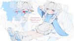  1girl apron bandaid bandaid_on_knee bandaid_on_leg blue_jacket chibi chibi_inset commentary food frilled_apron frills grey_hair hair_intakes hair_ornament hand_up high_collar highres holding holding_food jacket leg_warmers long_sleeves looking_at_viewer maid_apron omelet omurice original rabbit_hair_ornament sakakiai sitting tenshi_kaiwai track_jacket v white_apron white_leg_warmers zipper 