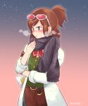  1girl ace_attorney armband belt blush breath brown_hair eating ema_skye embarrassed eyewear_on_head food glasses half_updo holding holding_food labcoat long_hair looking_away mai8484 scarf sky sleeves_rolled_up solo star_(sky) sunglasses 