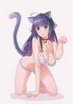  1girl :d all_fours animal_ears bell bikini blush braid breasts cat_ears cat_tail choker cleavage commentary_request gotointhepark hair_ribbon highres honkai_(series) honkai_impact_3rd jingle_bell long_hair looking_at_viewer neck_bell open_mouth paw_pose photoshop_(medium) ponytail purple_eyes purple_hair raiden_mei ribbon side_braid simple_background smile solo swimsuit tail very_long_hair white_background white_bikini 