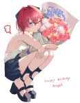  1girl ange_katrina ange_katrina_(summer_casual) ankle_strap backless_shirt bare_arms bare_legs bare_shoulders black_bow black_sandals black_skirt blue_eyes blue_flower bouquet bow breasts character_name closed_mouth commentary_request crossed_arms crossed_bangs drawn_wings english_text eyelashes flower flower_request from_side full_body gradient_eyes hair_between_eyes hair_bow hair_intakes happy_birthday high_heel_sandals high_heels highres holding holding_bouquet leaning_to_the_side light_blush lips looking_at_viewer miniskirt multicolored_eyes nijisanji one_eye_closed pink_flower pleated_skirt puckered_lips purple_eyes red_hair sandals shirt shirt_tucked_in short_hair sideboob simple_background skirt sleeveless sleeveless_shirt small_breasts solo squatting tamhit tiptoes virtual_youtuber white_background white_shirt yellow_flower 