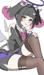  1girl 1hota3 bare_shoulders black_hair black_nails brown_thighhighs commentary_request grey_wings halo hand_on_own_knee highres knee_up long_hair long_sleeves looking_at_viewer nangong_yu nangong_yu_(rhapsody's_muse) navel official_alternate_costume pink_hair purple_halo simple_background solo thighhighs twintails v white_background wings zenless_zone_zero 