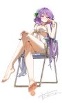  1girl absurdres ass bare_legs bare_shoulders barefoot bikini blush bracelet breasts chair cleavage closed_mouth commentary_request commission crossed_legs english_text feet flower folding_chair foot_focus foreshortening gold_bracelet hair_between_eyes hair_ornament halterneck hand_on_own_cheek hand_on_own_face hand_on_own_knee highres jewelry leaning_back legs long_hair looking_at_viewer looking_down medium_breasts monokini navel on_chair panties presenting_own_foot purple_eyes purple_hair simple_background sitting soles solo stomach swimsuit tadano1129 toenails toes touhou tsukumo_benben underwear white_background white_bikini white_flower white_panties 