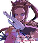  1girl animal_ears asymmetrical_gloves black_gloves breasts brown_hair closed_mouth commentary_request dogeyama_um epaulettes flower_in_eye gloves gold_hairband hairband highres horse_ears horse_girl long_hair looking_at_viewer medium_breasts mismatched_gloves neckerchief ponytail purple_eyes sakura_bakushin_o_(blossom_in_learning)_(umamusume) sakura_bakushin_o_(umamusume) simple_background sleeveless smile solo symbol_in_eye umamusume upper_body white_background white_gloves yellow_neckerchief 
