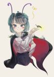 1girl antennae black_cape black_shorts blue_eyes blush_stickers bug cape collared_shirt commentary cowboy_shot cricket cropped_legs dragonfly firefly green_hair grin hand_on_own_hip high-waist_pants highres juliet_sleeves long_sleeves looking_at_viewer pants puffy_sleeves red_cape riki6 shirt short_hair shorts simple_background slit_pupils smile solo touhou two-sided_cape two-sided_fabric white_background white_shirt wriggle_nightbug 