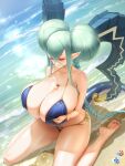  1girl aqua_hair aqua_nails beach beach_umbrella bikini blue_bikini bracelet braid breasts breasts_squeezed_together cleavage closed_eyes closed_mouth commentary_request curved_horns double_bun fate/grand_order fate_(series) fujimaru_ritsuka_(male) giant giantess gold_bracelet green_horns hair_between_eyes hair_bun highres horns huge_breasts jewelry large_horns long_hair long_horns ocean pointy_ears qingmingtongzi sharp_toenails smile soles swimsuit tiamat_(comiket_94_bikini)_(fate) tiamat_(fate) toenails umbrella very_long_braid very_long_hair 