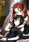  2girls absurdres akizuki_ryou_(gakuen_kumikyoku) anime_coloring artist_name belt black_belt black_dress black_hair black_ribbon black_wrist_cuffs breasts brown_hair closed_mouth copyright_name copyright_notice curtains detached_sleeves dress frilled_dress frills girls_und_panzer girls_und_panzer_saishuushou hair_between_eyes hair_ribbon highres indoors kadotani_anzu kawashima_momo light_smile long_hair looking_at_another looking_down looking_up lying lying_on_person magazine_scan medium_breasts megami_magazine monocle multiple_belts multiple_girls official_art on_back parted_bangs parted_lips pillow puffy_detached_sleeves puffy_short_sleeves puffy_sleeves ribbon scan short_hair short_sleeves sitting sleeveless sleeveless_dress third-party_source twintails window wrist_cuffs 
