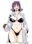  1girl bangs breasts brown_eyes cleavage club3 collarbone hand_in_pocket highleg highleg_swimsuit highres jewelry navel necklace philena_ivy pokemon pokemon_(anime) pokemon_(classic_anime) purple_hair revision swimsuit teeth thighs upper_teeth_only wet 