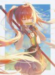  1girl absurdres ahoge belt blurry blurry_background blush bo_staff border brown_belt brown_gloves brown_hair closed_eyes commentary_request cowboy_shot cropped_jacket day depth_of_field eiyuu_densetsu estelle_bright eyelashes fingerless_gloves floating_hair flowingcrescent gloves hair_intakes hands_up harmonica highres holding holding_instrument instrument jacket jewelry leather leather_belt leather_gloves long_hair open_clothes open_jacket outdoors outside_border short-sleeved_jacket short_sleeves sidelighting solo sora_no_kiseki sora_no_kiseki_sc staff sunlight twintails very_long_hair weapon white_border wind 