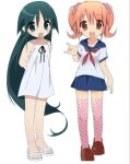  2000s_(style) 2girls :d \m/ arms_behind_back black_ribbon blue_sailor_collar blue_skirt blush crossover dress dress_ribbon east-west_crossover faux_retro_artstyle full_body green_eyes green_hair hair_flaps highres loafers looking_at_viewer multiple_girls neckerchief no_nose onukogirl open_mouth orange_eyes orange_hair osana_najimi_(yandere_simulator) pink_thighhighs polka_dot polka_dot_thighhighs red_neckerchief ribbon sailor_collar sandals saya_(saya_no_uta) saya_no_uta school_uniform serafuku shoes skirt smile sundress thighhighs toes twintails white_background white_dress yandere_simulator 