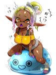  +_+ 1girl blonde_hair breasts cleavage commentary_request dark-skinned_female dark_skin dated_commentary female_masturbation frye_(splatoon) highres large_breasts long_pointy_ears masturbation microskirt midriff navel open_mouth pointy_ears purple_hair pussy_juice shirt short_eyebrows simple_background skirt slime_(creature) smile solo splatoon_(series) sword t2ukmyjm tentacle_hair unusual_insertion weapon white_background yellow_shirt 