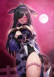  1girl absurdres ahoge animal_ears animal_print belt_collar braid breasts cleavage collar commentary cow_ears cow_girl cow_print cow_tail ear_tag eichan_(eichanidfi) evil_smile full_moon glowing glowing_eyes hairband highres horror_(theme) large_breasts long_hair looking_at_viewer mole mole_under_eye moon multicolored_hair night nijisanji one_eye_covered open_mouth outdoors parted_bangs purple_eyes purple_hairband purple_sky purple_streaks side_braid single_strap sky smile solo streaked_hair tail variant_set very_long_hair yagyu_shino yagyu_shino_(1st_costume) 