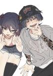  1boy 1girl alternate_costume aqua_eyes arm_at_side arm_support arm_tattoo asymmetrical_bangs backwards_hat bare_shoulders baseball_cap black_hat black_shorts black_socks black_tube_top blunt_ends blush bra bracelet breasts bright_pupils casual chain chain_necklace cleavage collarbone commentary contemporary cosmetics couple denim denim_shorts english_text fang fingernails foreshortening gauze gauze_on_cheek genshin_impact grey_eyes grey_shirt grey_sleeves hair_between_eyes hair_tie hand_on_own_chin hand_up hat hetero highres holding holding_lipstick_tube jewelry light_blush lipstick lipstick_tube long_hair looking_at_viewer makeup mole mole_on_thigh mona_(genshin_impact) necklace open_mouth over-kneehighs pink_bra ring scaramouche_(genshin_impact) shirt short_shorts shorts single_over-kneehigh single_thighhigh skin_fang small_breasts smeared_lipstick socks spaghetti_strap strapless swept_bangs tattoo teeth thighhighs three-quarter_sleeves tongue triangle_mouth tsurime tube_top twintails underwear w white_background white_pupils wispy_bangs wolf_cut ysnden 