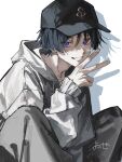  1boy alternate_costume black_hair black_hat blunt_ends casual choppy_bangs commentary_request contemporary drawstring drop_shadow eyeliner fingernails genshin_impact grey_hood grey_hoodie grey_pants grey_sleeves grin hand_up hat highres hood hood_down hoodie long_sleeves looking_at_viewer makeup male_focus pants peaked_cap purple_eyes red_eyeliner scaramouche_(genshin_impact) sitting smile solo tsurime v white_background wolf_cut yoisesugoizeee 