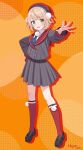  +_+ 1girl :d beret black_shoes blonde_hair blue_ribbon blunt_bangs braid buttons collared_shirt commentary_request double-breasted dress_shirt full_body green_eyes grey_jacket grey_skirt hair_ornament hair_rings hand_on_own_hip hat highres indie_virtual_youtuber jacket kneehighs legwear_garter loafers long_sleeves miniskirt neck_ribbon open_mouth outstretched_arm pinstripe_jacket pinstripe_pattern pinstripe_skirt pleated_skirt pom_pom_(clothes) pom_pom_hair_ornament red_hat red_sailor_collar red_socks ribbon sailor_collar school_uniform self-portrait shigure_ui shigure_ui_(1st_costume)_(vtuber) shigure_ui_(vtuber) shirt shoes short_hair side_braid side_up_ring skirt sleeve_cuffs smile socks solo standing virtual_youtuber white_shirt 