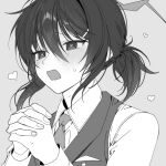  1girl blue_archive blush collared_shirt furrowed_brow gyotokuze halo haruka_(blue_archive) haruka_(suit)_(blue_archive) heart heart-shaped_pupils interlocked_fingers long_sleeves necktie open_mouth own_hands_together ponytail portrait shirt short_ponytail sidelocks simple_background solo sweat swept_bangs symbol-shaped_pupils vest waistcoat white_background 