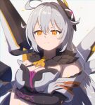  +_+ 1girl ahoge asymmetrical_gloves bangs bare_shoulders black_gloves blurry breasts chromatic_aberration cleavage commentary_request crossed_arms depth_of_field elbow_gloves fopasu gloves grey_background grey_gloves grey_hair grey_shirt hair_between_eyes hair_flaps hair_ornament honkai_(series) honkai_impact_3rd kiana_kaslana kiana_kaslana_(herrscher_of_the_void) large_breasts long_hair mismatched_gloves orange_eyes shirt sidelocks simple_background solo uneven_gloves upper_body v-shaped_eyebrows 