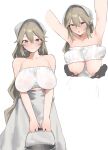  1boy 1girl absurdres alexandrina_sebastiane bag breasts clothes_lift commentary disembodied_hand grabbing_another's_breast grey_hair grey_skirt groping handbag highres holding holding_bag large_breasts long_hair nats_(d0ughnats) nipples shirt_lift simple_background skirt smile strapless tube_top very_long_hair white_background white_tube_top zenless_zone_zero 