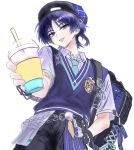  1boy :p aqua_gem arm_at_side backpack bag beret bishounen black_bag black_hat black_shorts blue_necktie blunt_ends chain chloe080288 collared_shirt commentary contemporary cup disposable_cup drinking_straw emblem eyelashes feathers fingernails foreshortening gem genshin_impact hand_in_pocket hat holding holding_cup looking_at_viewer male_focus necktie o-ring official_alternate_costume pom_pom_(clothes) purple_eyes purple_hair purple_vest scaramouche_(genshin_impact) school_uniform shirt short_sleeves shorts solo tongue tongue_out tsurime undershirt upper_body vest wanderer_(genshin_impact) wanderer_(mega_mgc_coffee)_(genshin_impact) white_background white_shirt white_sleeves wispy_bangs wolf_cut wristband yellow_feathers 