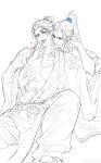  2boys abs absurdres all_wishes_come_true! bare_pectorals blue_eyes blush brown_eyes chinese_clothes chinese_commentary coat commentary_request facial_hair feet_out_of_frame finger_in_own_mouth grabbing_from_behind groping hair_ornament hair_ribbon hair_tie hand_on_another's_chest hand_on_another's_shoulder hanfu high_ponytail highres hug hug_from_behind jewelry large_pectorals leaf_belt leaf_hair_ornament leaf_ornament licking licking_finger long_hair looking_at_another lv_dongbin_(all_wishes_come_true!) male_focus monochrome multiple_boys muscular muscular_male mustache_stubble necklace nipples open_clothes open_coat pants pectoral_grab pectorals ponytail red_ribbon ribbon robe saliva sash sidelocks simple_background sitting smile spot_color spread_legs stubble tongue tongue_out watermark weibo_watermark white_background wide_sleeves xiaowangba488 yaoi zhongli_quan_(all_wishes_come_true!) 