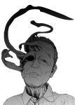  1boy body_horror collared_shirt commentary_request grey_hair highres kiseijuu male_focus old old_man portrait sakurai_gamon shirt solo 