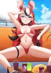  1girl absurdres adjusting_hair animal_ear_fluff animal_ears aozora_(aozora2277) bikini black_choker black_hair black_streaks blue_eyes blue_sky blush boat breasts breasts_apart can chips_(food) choker cloud commentary couch cover cover_page double-parted_bangs drink drink_can food goggles hair_between_eyes hakos_baelz half-closed_eyes highres holding holding_goggles hololive hololive_english magazine_cover medium_breasts midriff mouse_ears mouse_tail mousetrap multicolored_hair navel navel_piercing open_can ouro_kronii piercing reclining red_bikini red_hair sail sharp_teeth sitting sky smile smirk soda_can spread_legs streaked_hair swimsuit tail teeth thigh_strap thighs untranslatable_commentary virtual_youtuber watercraft wet white_hair wristband 