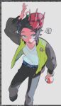  ! 1boy :o arm_up art_program_in_frame belt bin_aham black_hair black_pants blue_belt bracelet cropped_legs grey_eyes holding holding_poke_ball jacket jewelry long_sleeves male_focus on_head open_clothes open_jacket open_mouth pants paxton_(pokemon) poke_ball poke_ball_(basic) pokemon pokemon_(creature) pokemon_legends:_z-a pokemon_on_head shirt short_hair spoken_exclamation_mark venipede white_shirt 