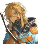  1boy black_cape black_gloves blonde_hair blood blood_on_face blue_eyes blue_tunic bow_(weapon) cape earrings gloves hair_between_eyes hand_on_own_cheek hand_on_own_face highres hood hood_down jewelry link low_ponytail male_focus medium_hair parted_lips pointy_ears sidelocks solo the_legend_of_zelda the_legend_of_zelda:_breath_of_the_wild upper_body weapon white_background wufaxianshi_cnd 