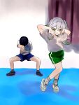  1boy 1girl arms_up asymmetrical_sidelocks black_hair black_shoes blue_shorts blush braid bright_pupils closed_mouth commentary_request contrapposto cross-laced_shoes cross-shaped_pupils curtains eyelashes facing_down foreshortening full_body genshin_impact green_eyes green_hair green_shoes green_shorts grey_socks gym_shirt gym_shorts hair_between_eyes hair_intakes hair_ornament half_crown_braid head_down heart_arms highres leaf leaf_hair_ornament legs_apart long_hair looking_at_viewer meme meme_request mm_1011u_u multicolored_hair nahida_(genshin_impact) open_hands scaramouche_(genshin_impact) shirt shoes short_sleeves shorts side_ponytail sidelocks smile sneakers socks streaked_hair symbol-shaped_pupils t-shirt white_background white_hair white_pupils white_shirt white_sleeves white_socks white_trim 