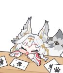  1girl :3 animal_ears blush_stickers closed_eyes commentary_request fox_ears fox_girl fox_tail hair_intakes hair_ornament highres hsin_(wuthering_waves) mole mole_under_eye paper paw_print red_tattoo syurikenmaru table tail tail_ornament tongue tongue_out v-shaped_eyebrows white_background white_hair wooden_table wuthering_waves 
