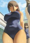  3girls arms_behind_back arue_(konosuba) blue_one-piece_swimsuit breast_envy breasts brown_hair commentary_request covered_navel glowing highres izawa_(bhive003) kono_subarashii_sekai_ni_bakuen_wo! kono_subarashii_sekai_ni_shukufuku_wo! large_breasts long_hair low_twintails megumin multiple_girls one-piece_swimsuit red_eyes short_hair short_twintails small_breasts swimsuit twintails wide_hips yunyun_(konosuba) 