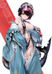  1girl absurdres animal_costume areola_slip bare_shoulders black_hair black_slingshot_swimsuit blush breasts closed_mouth colored_inner_hair commentary_request cosplay ellen_joe fins fish_tail goddess_of_victory:_nikke groin hand_on_own_stomach highres holding holding_swim_ring kurotsuki_machi large_breasts looking_down maid_headdress marciana_(marine_study)_(nikke) marciana_(nikke) marciana_(nikke)_(cosplay) mole mole_under_eye multicolored_hair navel nikke_promo_parody penguin_costume pink_background red_eyes red_hair shark_girl shark_tail short_hair simple_background slingshot_swimsuit solo stomach sweat swim_ring swimsuit tail visor_cap zenless_zone_zero 