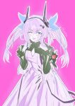  1girl :d ;d absurdres asymmetrical_horns black_dress black_horns blue_eyes blush bow breasts cassava_sketch cleavage_cutout clothing_cutout commentary cosplay demon_horns dress fake_horns fang fingers_to_cheeks frilled_sleeves frills hair_between_eyes hair_bow hair_intakes hair_ornament hands_up highres horns jewelry limited_palette long_hair long_sleeves looking_at_viewer material_growth medium_breasts multicolored_dress multiple_rings one_eye_closed open_mouth original originium_(arknights) pink_background pink_hair ring ring_on_every_finger sidelocks signature simple_background smile solo theresa_(arknights) theresa_(arknights)_(cosplay) turtleneck turtleneck_dress twintails uneven_horns v-shaped_eyebrows white_dress 