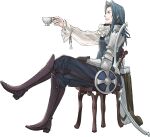  1boy absurdres arm_armor blue_hair blue_pants boots bow_(weapon) brown_boots chair cup fire_emblem fire_emblem_awakening frills from_side full_body grey_armor grin highres holding holding_cup kozaki_yuusuke long_sleeves male_focus medium_hair official_art on_chair pants smile solo virion_(fire_emblem) weapon 