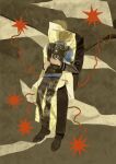  1boy black_jacket blonde_hair character_print covered_face full_body highres hug jacket leon_s._kennedy male_focus resident_evil resident_evil_2 resident_evil_requiem short_hair xianyu_chuan 