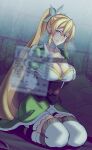  1girl absurdres arms_behind_back bdsm blonde_hair blurry blurry_foreground bondage bound bound_arms bound_legs breasts brown_corset choker commentary_request corset dress elf green_dress green_eyes hao718 highres holographic_interface large_breasts leafa_(sao) long_hair parted_lips pointy_ears ponytail seiza shibari shibari_over_clothes sitting solo sweatdrop sword_art_online thighhighs very_long_hair white_choker white_thighhighs 