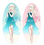  1girl adoptable bad_source blonde_hair blue_dress blue_eyes blue_hair commentary dress english_commentary full_body gradient_hair hands_on_own_chest hanerz long_hair multicolored_hair multiple_views original pink_hair rwby two-tone_hair watermark 