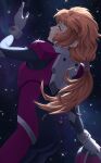  1girl absurdres ass bodysuit commentary cropped_legs english_commentary from_behind gloves gundam gundam_unicorn helmet highres holding holding_unworn_helmet kittleskittle long_hair low_ponytail marida_cruz mecha_pilot_suit messy_hair normal_suit_(gundam) orange_hair ponytail purple_eyes sky solo space star_(sky) starry_sky unworn_headwear unworn_helmet white_gloves 