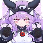  1girl 77naco_e arknights arknights:_endfield arrow_(symbol) black_gloves black_horns blush commentary gloves hands_up highres horns long_hair long_sleeves looking_at_viewer outline pink_eyes purple_hair signature snowflakes solo typhoeus_(arknights) typhon_(arknights) upper_body watermark white_outline 