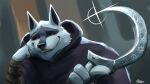  2023 4_fingers absurd_res anthro arm_wraps black_cloak black_nose black_sclera canid canine canis cloak clothing death_(puss_in_boots) digital_media_(artwork) dreamworks fingers fur grey_background grey_body grey_fur hi_res holding_object holding_weapon hood hooded_cloak male mammal melee_weapon multicolored_body multicolored_fur ooka puss_in_boots_(film) puss_in_boots_the_last_wish red_eyes sharp_teeth sickle signature simple_background smile solo sparkles teeth two_tone_body two_tone_fur weapon wolf wraps 