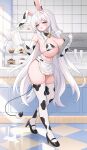  1girl absurdres animal_ears animal_print apron arme_(cgsy7484) bell bikini black_bow black_bowtie black_shoes blush bow bowtie breasts cake cake_slice champagne_flute collar commentary commission counter cow_print cow_print_bikini cow_print_gloves cow_print_thighhighs cow_tail cup cupcake detached_collar drinking_glass ear_tag elbow_gloves english_commentary fake_animal_ears fake_tail food frilled_apron frills full_body furrowed_brow garter_straps gloves high_heels highres holding holding_cup holding_tray huge_breasts indoors long_hair looking_at_viewer micro_bikini milk neck_bell open_mouth original pixiv_commission print_bikini print_gloves print_thighhighs rabbit_ears red_eyes shoes solo standing swimsuit tail thighhighs tray very_long_hair waist_apron white_apron white_collar white_hair white_wrist_cuffs wrist_cuffs 