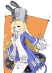  1girl azuki_pii blonde_hair blue_jacket commentary_request cowboy_shot gloves grey_hat hat highres jacket large_hat long_hair looking_at_viewer norma_hollowell open_mouth orange_background purple_eyes shako_cap solo thighhighs very_long_hair white_gloves white_thighhighs zenless_zone_zero 